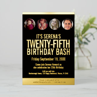 Invitación Con Relieve Metalizado 25.º cumpleaños, círculos de fotos en negro y oro