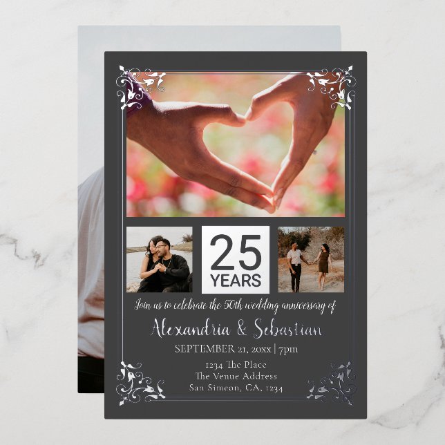 Invitación Con Relieve Metalizado 25° Aniversario Boda con marco (Anverso/Reverso)