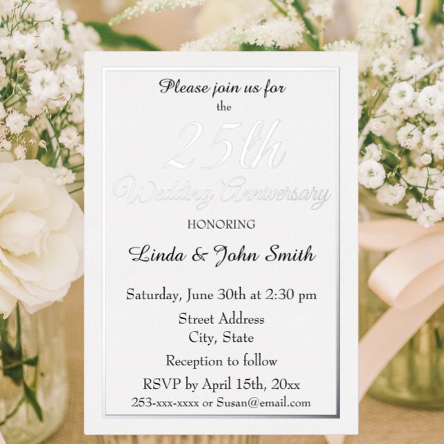 Invitación Con Relieve Metalizado 25° Aniversario Boda de Plata Simple (In Situ Flowers)