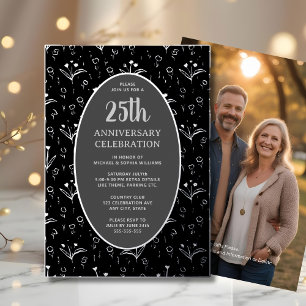 Invitación Con Relieve Metalizado 25 Aniversario de Boda Elegante Negro Plata