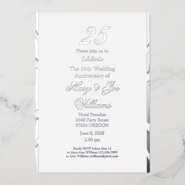 Invitación Con Relieve Metalizado 25 años Jubileo Cumpleaños 25 Aniversario Boda (Anverso)
