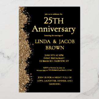 Invitación Con Relieve Metalizado 25th Wedding Anniversary Gold Faux Glitter