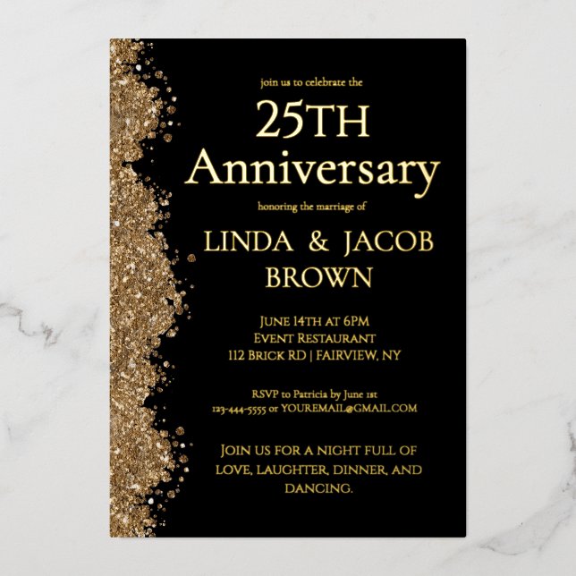 Invitación Con Relieve Metalizado 25th Wedding Anniversary Gold Faux Glitter  (Anverso)