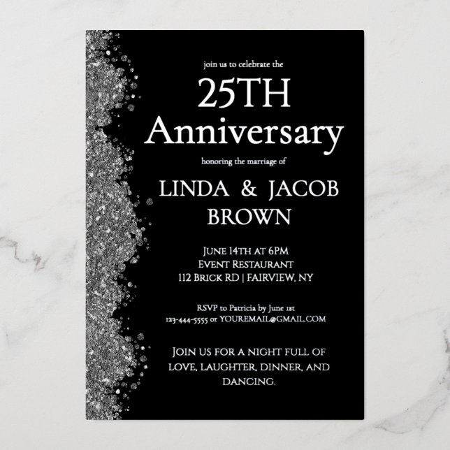 Invitación Con Relieve Metalizado 25th Wedding Anniversary Silver Faux Glitter  (Anverso)