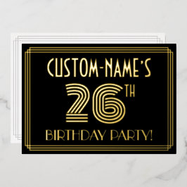 Invitación Con Relieve Metalizado 26ª Fiesta de Cumpleaños — Estilo Art Deco "26" + 