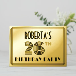 Invitación Con Relieve Metalizado 26ª Fiesta de Cumpleaños — Estilo Art Deco "26" y 