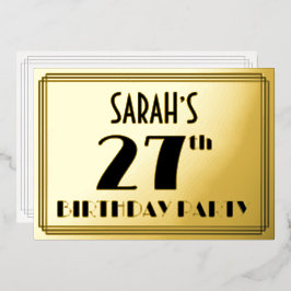 Invitación Con Relieve Metalizado 27ª Fiesta de Cumpleaños — Aspecto Art Deco "27" +