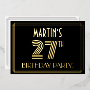 Invitación Con Relieve Metalizado 27ª Fiesta de Cumpleaños — Estilo Art Deco "27" + 