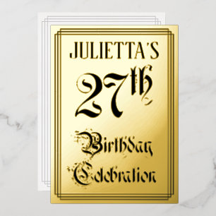 Invitación Con Relieve Metalizado 27ª Fiesta de Cumpleaños — Guión Elegante + Nombre