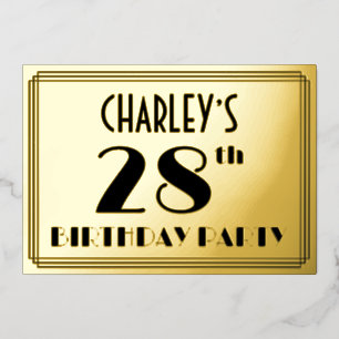 Invitación Con Relieve Metalizado 28ª Fiesta de Cumpleaños — Aspecto Art Deco "28" +