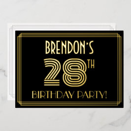 Invitación Con Relieve Metalizado 28ª Fiesta de Cumpleaños — Estilo Art Deco "28" + 