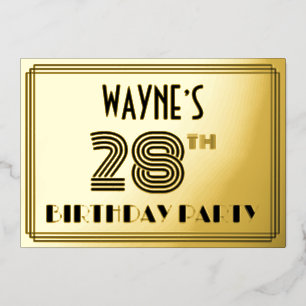 Invitación Con Relieve Metalizado 28ª Fiesta de Cumpleaños — Estilo Art Deco "28" y 
