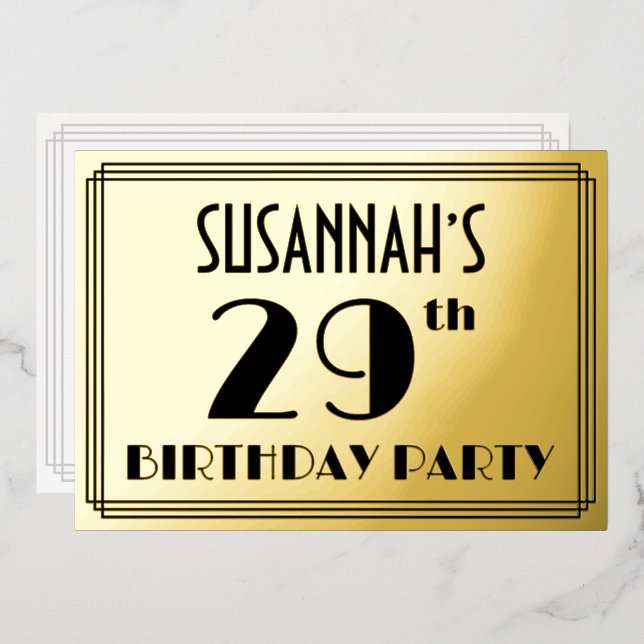 Invitación Con Relieve Metalizado 29ª Fiesta de Cumpleaños — Aspecto Art Deco "29" + (Anverso/Reverso)