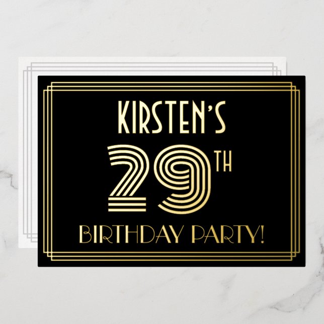 Invitación Con Relieve Metalizado 29ª Fiesta de Cumpleaños — Estilo Art Deco "29" +  (Anverso/Reverso)