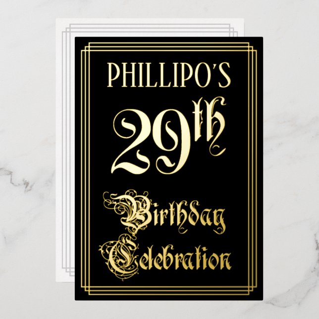 Invitación Con Relieve Metalizado 29.ª Fiesta de Cumpleaños — Guión de fantasía y no (Anverso/Reverso)