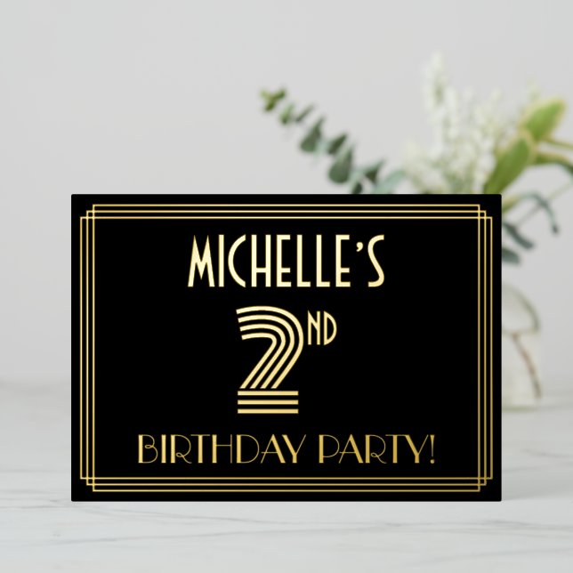 Invitación Con Relieve Metalizado 2.º Fiesta de cumpleaños — Estilo Art Deco "2" + N (Anverso de pie)