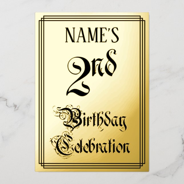 Invitación Con Relieve Metalizado 2.º Fiesta de cumpleaños — Guión elegante + Nombre (Anverso)