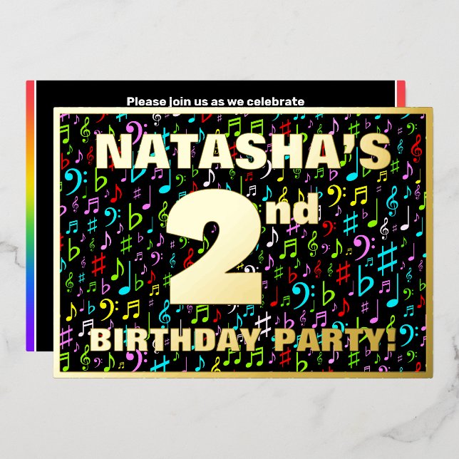 Invitación Con Relieve Metalizado 2.º Fiesta de cumpleaños — Símbolos musicales dive (Anverso/Reverso)