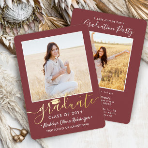 Invitación Con Relieve Metalizado 2 Fiesta de Graduación con Fotos Burgundy Blanco y
