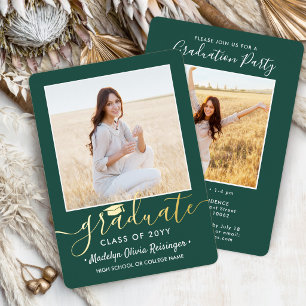 Invitación Con Relieve Metalizado 2 Fiesta de Graduación Fotos Verde Blanco y Dorado