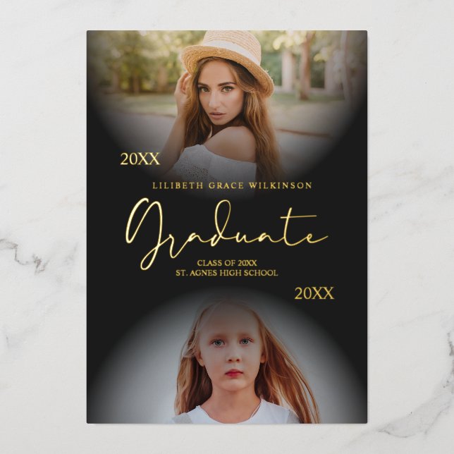 Invitación Con Relieve Metalizado 2 fotos de graduación del Relieve metalizado de or (Anverso)