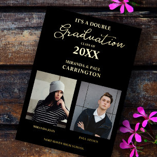 Invitación Con Relieve Metalizado 2 fotos de hermanos de doble graduación en negro