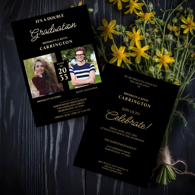 Invitación Con Relieve Metalizado 2 fotos Doble Gemelos Graduación Real Negro Dorado (Subido por el creador)