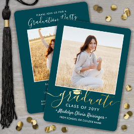 Invitación Con Relieve Metalizado 2 Photo Graduation Party Teal White and Gold