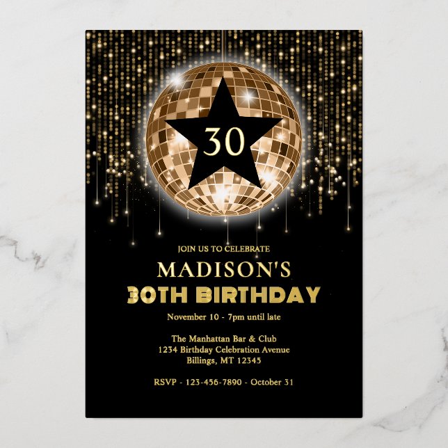 Invitación Con Relieve Metalizado 30.ª Celebración de Cumpleaños Oro Negro (Anverso)