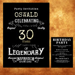 Invitación Con Relieve Metalizado 30.ª legendaria retro de oro negro<br><div class="desc">Para los que celebran su 30 cumpleaños, tenemos la invitación ideal de fiesta de cumpleaños con un toque vintage. El fondo negro con una tipografía vintage de Relieve metalizado dorado. El diseño es sencillo y elegante, con un toque retro. Personalizar fácilmente el texto de esta invitación de cumpleaños utilizando la...</div>