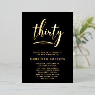 Invitación Con Relieve Metalizado 30.º cumpleaños de oro en negro Fiesta elegante