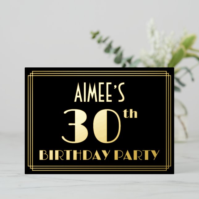 Invitación Con Relieve Metalizado 30.º Fiesta de cumpleaños: Art Deco Look "30", con (Anverso de pie)