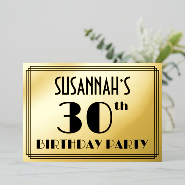 Invitación Con Relieve Metalizado 30.º Fiesta de cumpleaños — Aspecto Art Deco "30"  (Anverso de pie)