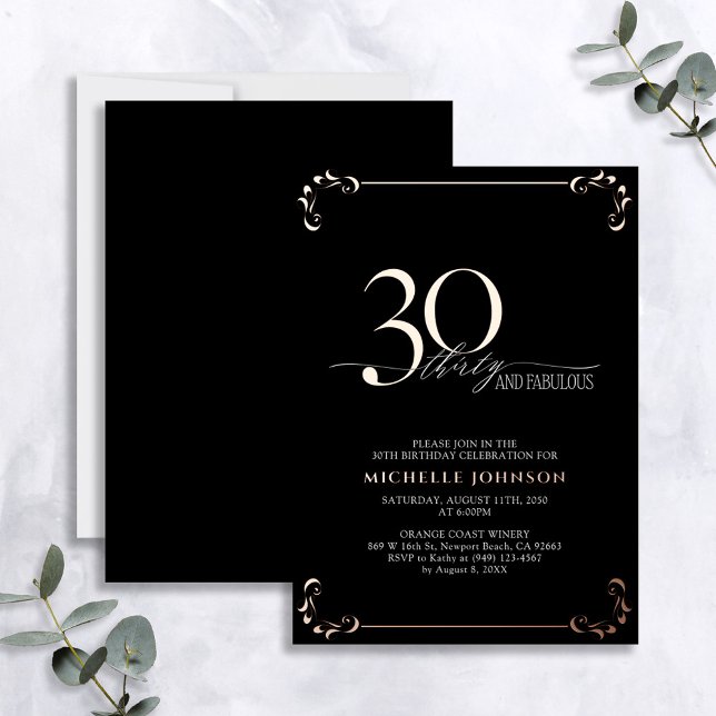 Invitación Con Relieve Metalizado 30 y fabuloso Rosa negro caligrafía de oro cumplea (Subido por el creador)