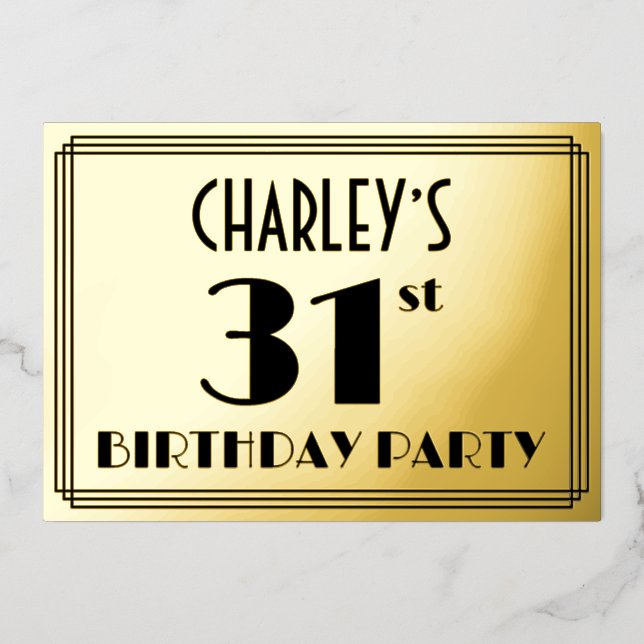 Invitación Con Relieve Metalizado 31ª Fiesta de Cumpleaños — Aspecto Art Deco "31" + (Anverso)