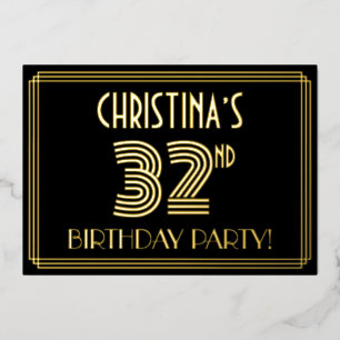 Invitación Con Relieve Metalizado 32ª Fiesta de Cumpleaños — Estilo Art Deco "32" +