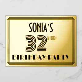 Invitación Con Relieve Metalizado 32ª fiesta de cumpleaños — Estilo Art Deco "32" y 