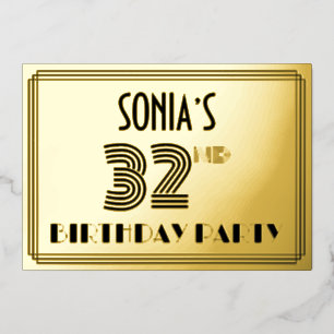 Invitación Con Relieve Metalizado 32ª fiesta de cumpleaños — Estilo Art Deco "32" y