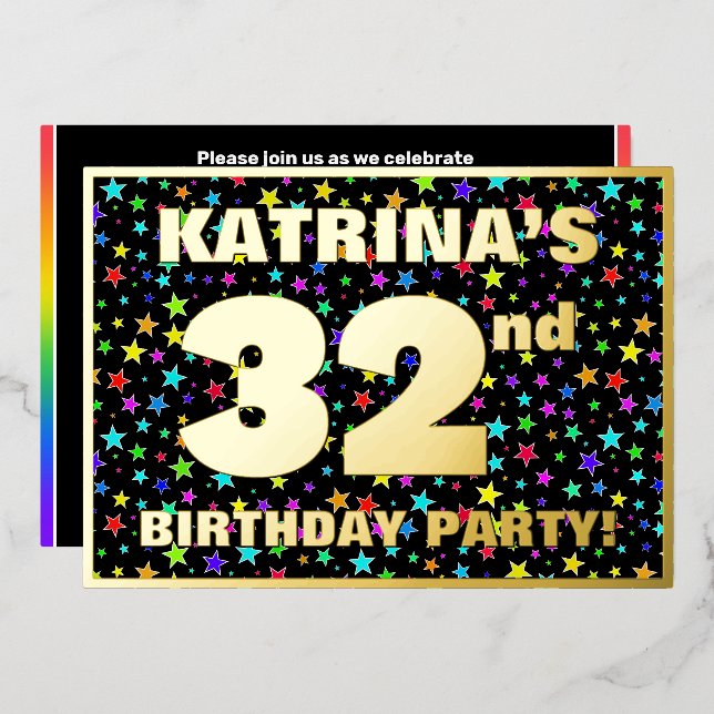 Invitación Con Relieve Metalizado 32ª fiesta de cumpleaños — Patrón de estrellas div (Anverso/Reverso)