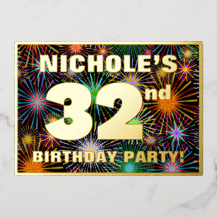 Invitación Con Relieve Metalizado 32.ª Fiesta de Cumpleaños — Diversión, Coloridos f
