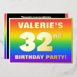 Invitación Con Relieve Metalizado 32.ª fiesta de cumpleaños: Patrón arcoiris diverti