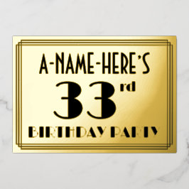 Invitación Con Relieve Metalizado 33.ª Fiesta de Cumpleaños — Aspecto Art Deco "33" 