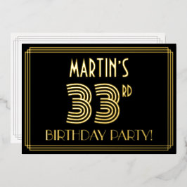 Invitación Con Relieve Metalizado 33.ª Fiesta de Cumpleaños — Estilo Art Deco "33" +