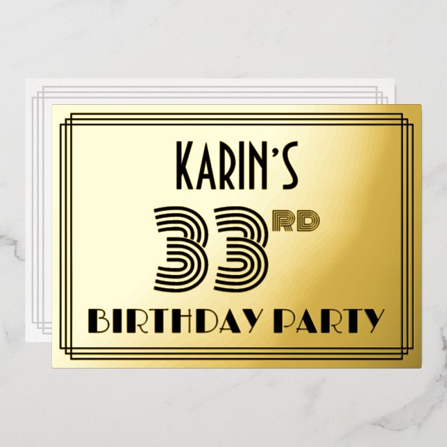 Invitación Con Relieve Metalizado 33.ª Fiesta de Cumpleaños — Estilo Art Deco "33" y (Anverso/Reverso)