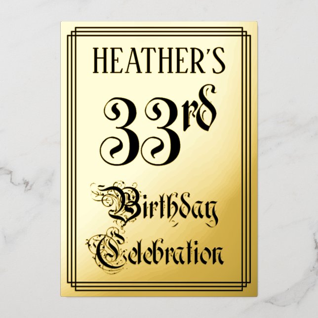 Invitación Con Relieve Metalizado 33.ª Fiesta de Cumpleaños — Guión elegante + Nombr (Anverso)