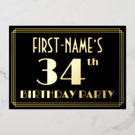 Invitación Con Relieve Metalizado 34ª Fiesta de Cumpleaños: Art Deco Look "34", con 