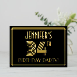 Invitación Con Relieve Metalizado 34ª Fiesta de Cumpleaños — Estilo Art Deco "34" + 