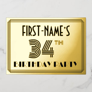 Invitación Con Relieve Metalizado 34ª Fiesta de Cumpleaños — Estilo Art Deco "34" y 