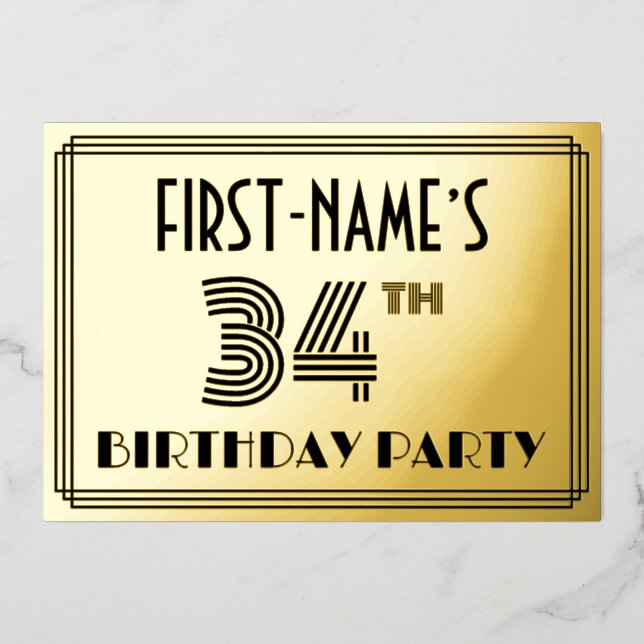 Invitación Con Relieve Metalizado 34ª Fiesta de Cumpleaños — Estilo Art Deco "34" y  (Anverso)