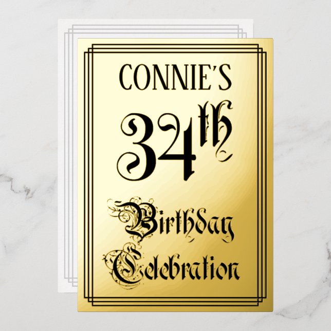 Invitación Con Relieve Metalizado 34ª fiesta de cumpleaños — Guión elegante + nombre (Anverso/Reverso)
